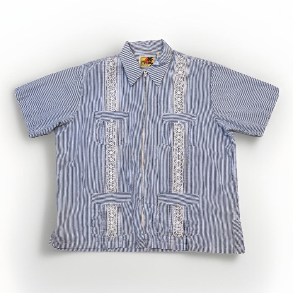 Haband Guayabera Shirt Mens XL Blue Stripe Full Zip Embroidered Cuban Tropical